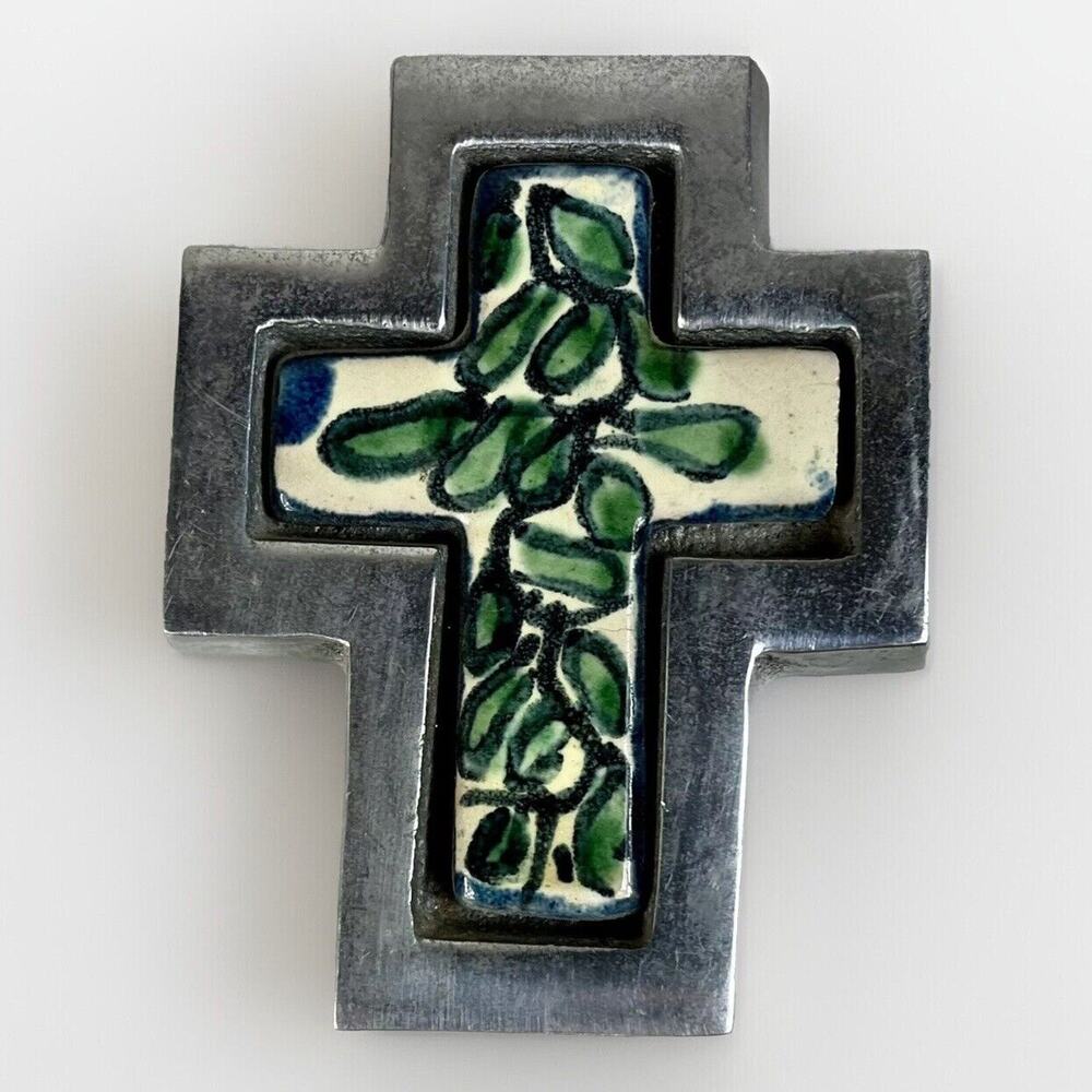 Cruz de Talavera Tile In Pewter Wall Cross - VTG ANN KARY Collectible- Mexico 4”
